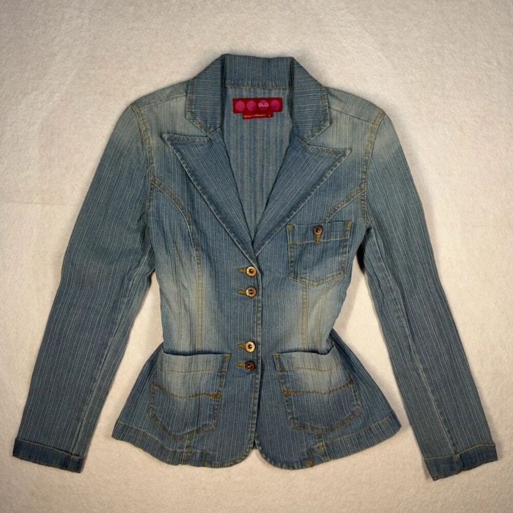 Vintage Y2K GLO Denim Pinstripe Blazer Fitted Jean Jacket Small
